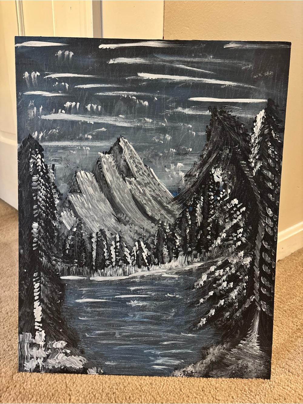Hand-Painted Monochrome Mountain Lake Canvas - Black & White Home Art